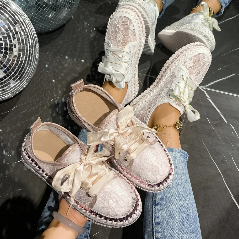 Lace Mesh Rhinestone Platform Sneakers Satin Ribbon Laces Retro Y2K Bling Shoes